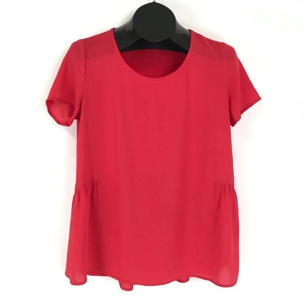 Pleione Ruffle Hem Blouse Women’s XS Red Sheer Short Sleeves Polyester Holiday
